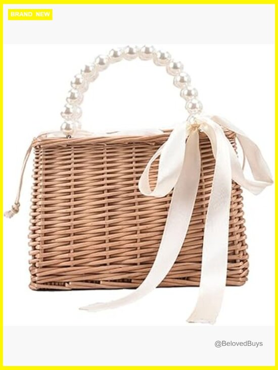 Handbags - Pearl Straw Handbag with Drawstring Closure Small Tote for Women Summer Beach
